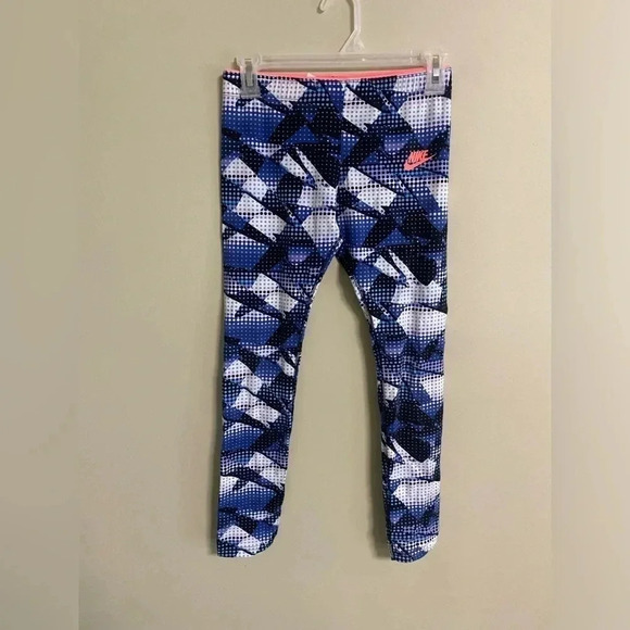 NIKE Girls Printed Leggings Size Large Blue Black White Polka Dot Coral 940339 - Picture 1 of 5